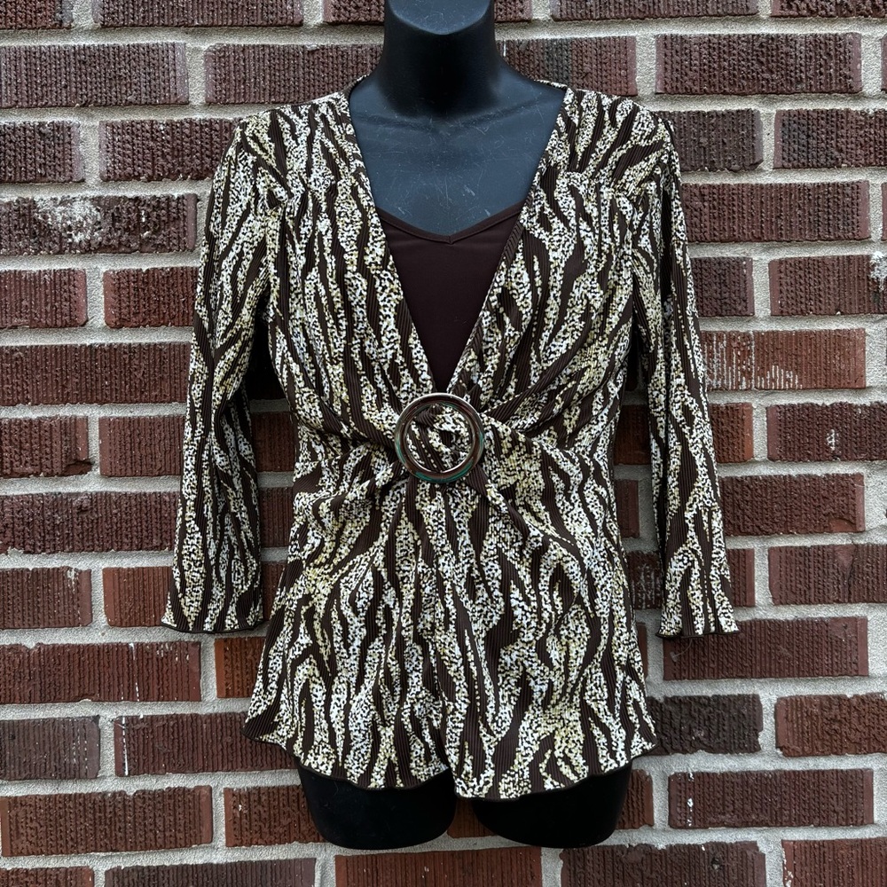 APOSTROPHE Women’sSz S long sleeve pleated ring Animal Print top pull over